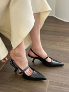 黑色高跟鞋尖头单鞋仙女，鞋子2024春夏季气质名媛法式包头凉鞋