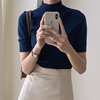 韩国chic夏季气质百搭半高圆领修身显瘦纯色，内搭短袖针织衫t恤女