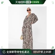 香港直邮潮奢 ASOS 女士设计长袖深V褶皱海滩动物纹长款连衣裙