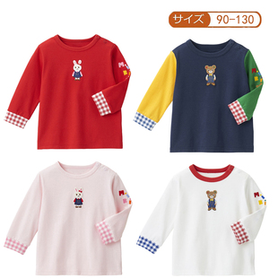 日单miki秋季男女童卡通，熊兔图案纯棉长袖，儿童刺绣t恤衫内搭