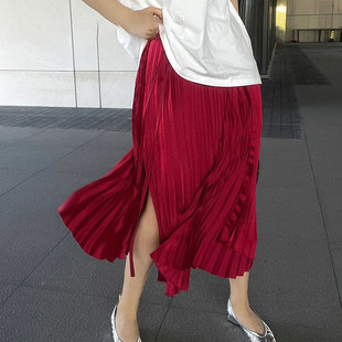 酒红色风琴褶醋酸缎面高腰半身裙女法式复古一片式系带垂感百褶裙