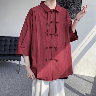 酒红色新中式国风亚麻，衬衫男装改良汉服外套夏季棉麻，七分短袖衬衣