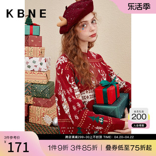 酒红色圣诞毛衣女(毛衣女)kbne2022冬季长袖套头学院风复古新年针织衫