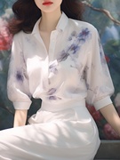 新中式女装风蓝色印花短袖衬衫2024雪纺衫气质女神范上衣