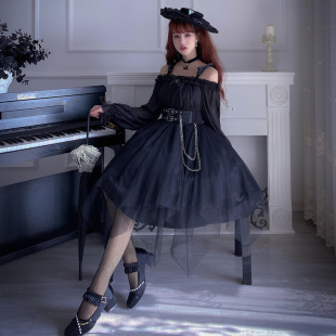 原创正版lolita暗黑天使歌特少女不规则洋装灯笼长袖一字领连衣裙