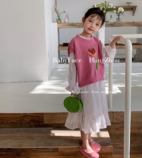 韩国版2023春秋儿童甜美棉线，针织马甲女童，宝宝公主长袖连衣裙