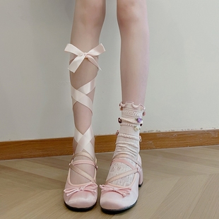 丝绸绑带蝴蝶结玛丽珍女鞋，2024芭蕾舞单鞋，粗跟复古粉色高跟鞋