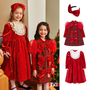 韩国BEBE洋气女童红色丝绒格子蝴蝶结泡泡袖公主裙圣诞连衣裙
