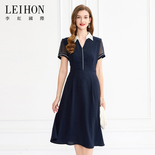 LEIHON/李红国际春夏藏蓝色连衣裙撞色设计精致翻领显瘦长裙