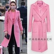 高级定制凯特王妃同款粉红色羊毛大衣外套女系带修身长款时尚秋冬