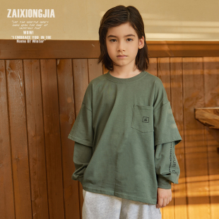 zaixiongjia军绿同色拼接袖，长袖假两件卫衣，上衣童装打底衫春秋