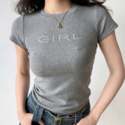 Go Girl Go 自制设计感烫钻字母正肩短袖t恤女夏季修身灰色上衣