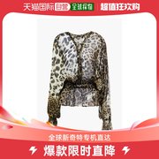 香港直邮robertocavalli女士，精饰褶皱豹纹，真丝雪纺衫