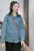 短款牛仔衬衫女2023春秋季韩版休闲衬衣小个子叠穿内搭上衣潮