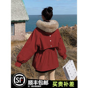 红色短款加绒加厚派克服女小个子2023冬季韩版收腰大毛领棉服