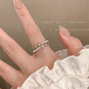 双层锆石珍珠戒指女小众，设计开口可调节食指戒轻奢高级感独特指环