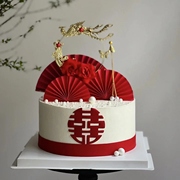 婚礼蛋糕装饰插件复古宫廷风凤凰花朵红色喜庆折扇纸扇双喜字插牌