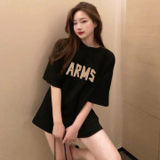 韩版2024夏季黑色纯棉t恤女短袖大版字母显瘦上衣中长款体恤