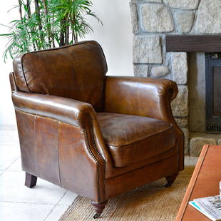 美式乡村经典轻奢真皮沙发，油蜡皮做旧法式复古单人沙发实木雪茄吧