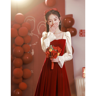 敬酒服2023新娘酒(新娘酒，)红色平时可穿订婚礼服，法式裙子冬季女连衣裙