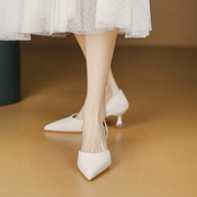 米白色高跟鞋女夏 法式5公分小跟不累脚中空尖头单鞋包头凉鞋