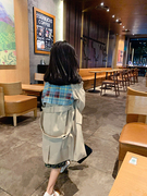 韩国童装2021秋款淑女气质，双排扣格子撞色中长款女童洋气风衣外套