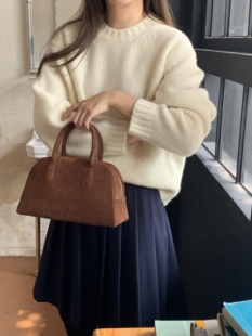 定制款~棕色麂皮绒波士顿包女冬季韩国上班通勤手提包复古包包ins