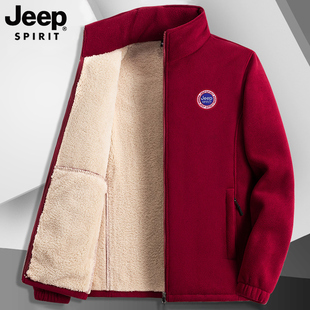 jeep吉普加绒加厚卫衣男冬季羊羔绒，保暖上衣本命年红色摇粒绒外套