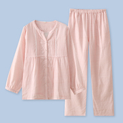 夏季薄款纯棉女士家居服套装长袖开衫长裤透气空调服简约格子睡衣
