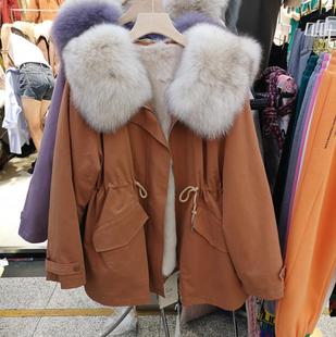 韩国东大门冬季狐狸毛领派克服中长款獭兔毛，内胆皮草外套女装