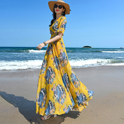 2023夏季黄色雪纺连衣裙显瘦海边度假沙滩裙长裙到脚踝超长款