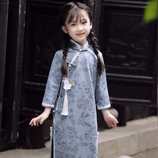 女童秋冬季长袖旗袍，汉服儿童鹿皮，绒中国风连衣裙中式古装裙子