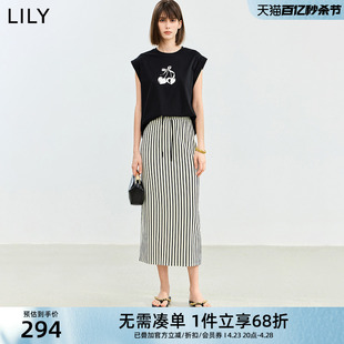 lily2024夏女装(夏女装)复古时尚条纹松紧腰显瘦垂坠感气质直筒半身裙