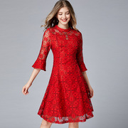 夏季欧美性感拼色蕾丝胖mm 手工钉珠优雅200斤中长大码红色连衣裙