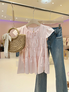 法式甜美小飞袖粉色衬衫雪纺，上衣女夏小个子，宽松遮肚子裙摆娃娃衫
