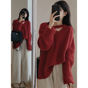 红色过年镂空套头针织毛衣女春季设计感小众慵懒风宽松上衣