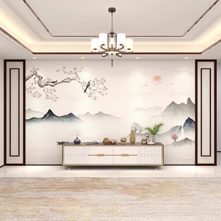 新中式花鸟山水电视，背景墙壁纸客厅沙发卧室，床头喜上眉梢壁画墙布