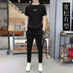 夏季男短袖t恤套装，宽松圆领汗衫裤子，加肥加大280斤男半袖上衣长裤