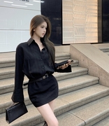 黑色长袖衬衫连衣裙女春季2024气质衬衣裙子腰带收腰包臀短裙