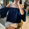 韩版夏季抹胸性感漏肩喇叭袖上衣百搭甜美宽松一字领露肩衬衫女