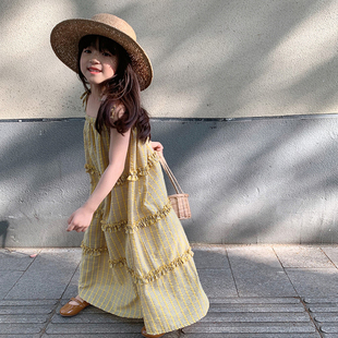 小屿非屿 夏季韩版女童连衣裙黄色格子吊带裙休闲淑女风公主裙