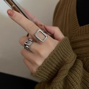 韩版s925银镂空方形戒指女复古时尚气质不规则，开口指环嘻哈食指戒