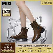 MIO米奥冬季靴子圆头牛皮英伦风短筒骑士靴街头切尔西靴女靴