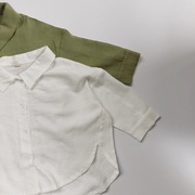 凹造型儿童宽松长袖衬衫男童春夏，女童复古洋气，宝宝纯棉衬衣绿白色