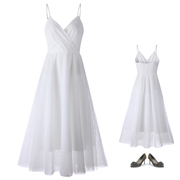 白色度假吊带连衣裙女2022海边沙滩裙五层网纱裙仙女气质收腰长裙