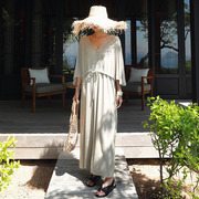 夏季莫代尔棉连衣裙女韩版宽松显瘦长款V领度假裙过膝高腰系带裙