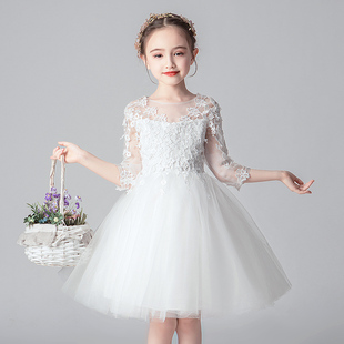 白色花童礼服女儿童长款礼服裙婚礼伴娘公主裙钢琴表演出服蓬蓬纱