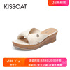 kisscat接吻猫夏季褶皱羊皮，厚底坡跟外穿凉拖鞋女ka43302-10