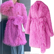 2022冬季女仿滩羊毛毛长款宽松外套系，腰带大衣玫红紫色荧光绿