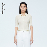 LANCY/朗姿女装2023夏季POLO领白色翻领针织衫女休闲短袖T恤